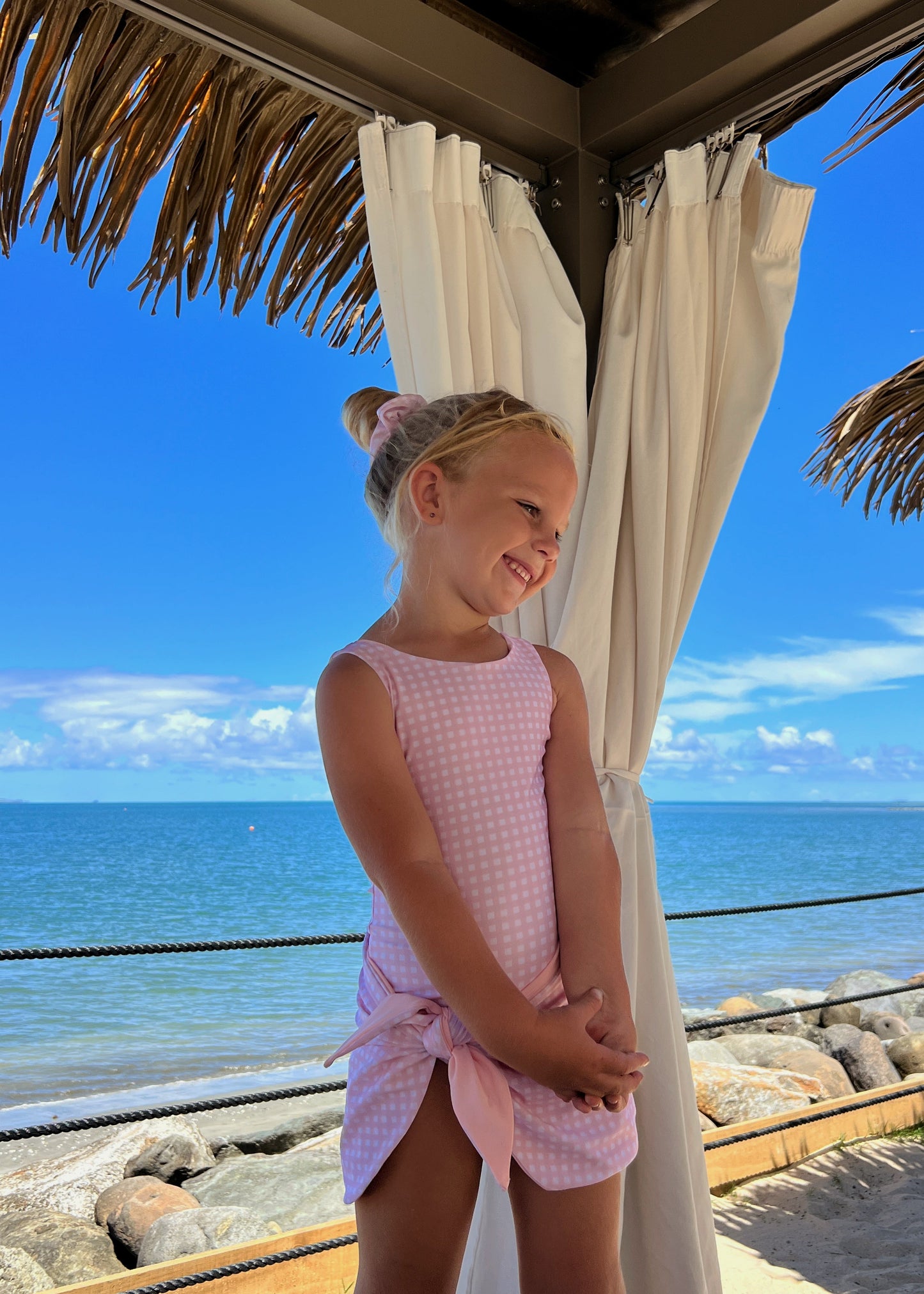 reversible girls swimsuit gignham print with matching swim skirt swim sarong