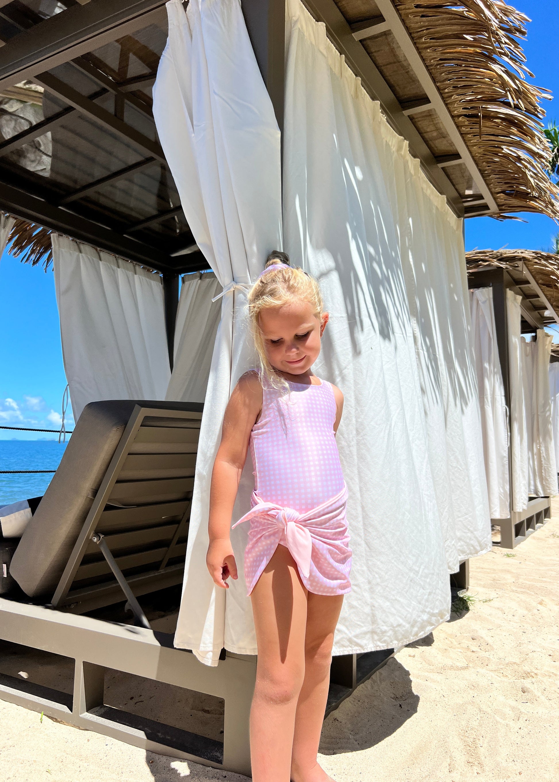 reversible girls swimsuit gignham print with matching swim skirt swim sarong